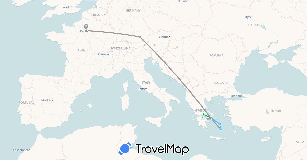 TravelMap itinerary: driving, bus, plane, boat in Germany, France, Greece (Europe)