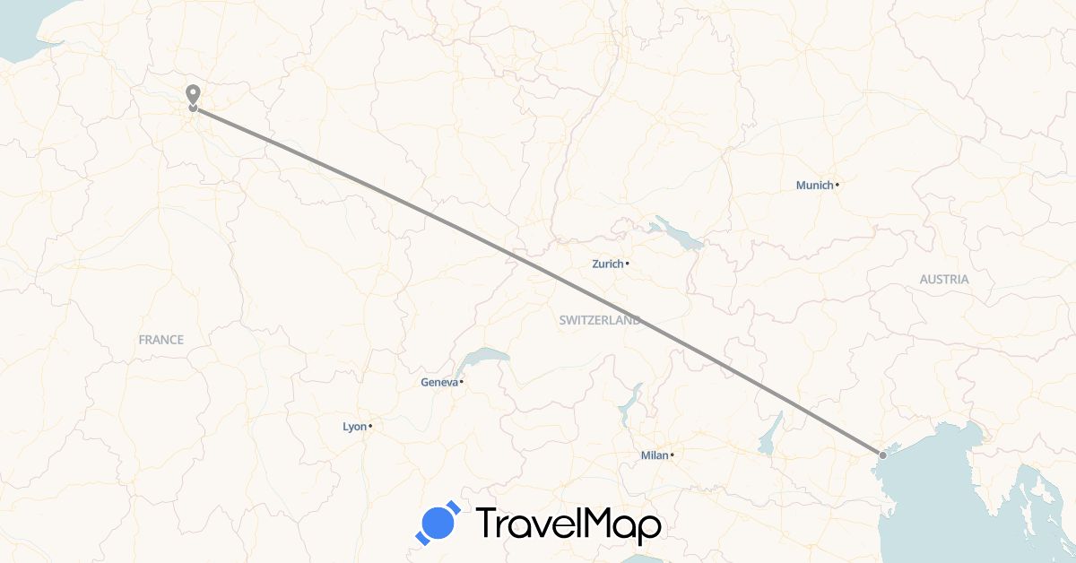 TravelMap itinerary: plane in France, Italy (Europe)